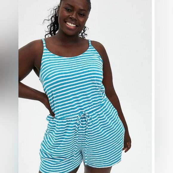 Torrid Teal & White Striped Drawstring Romper - Picture 1 of 6